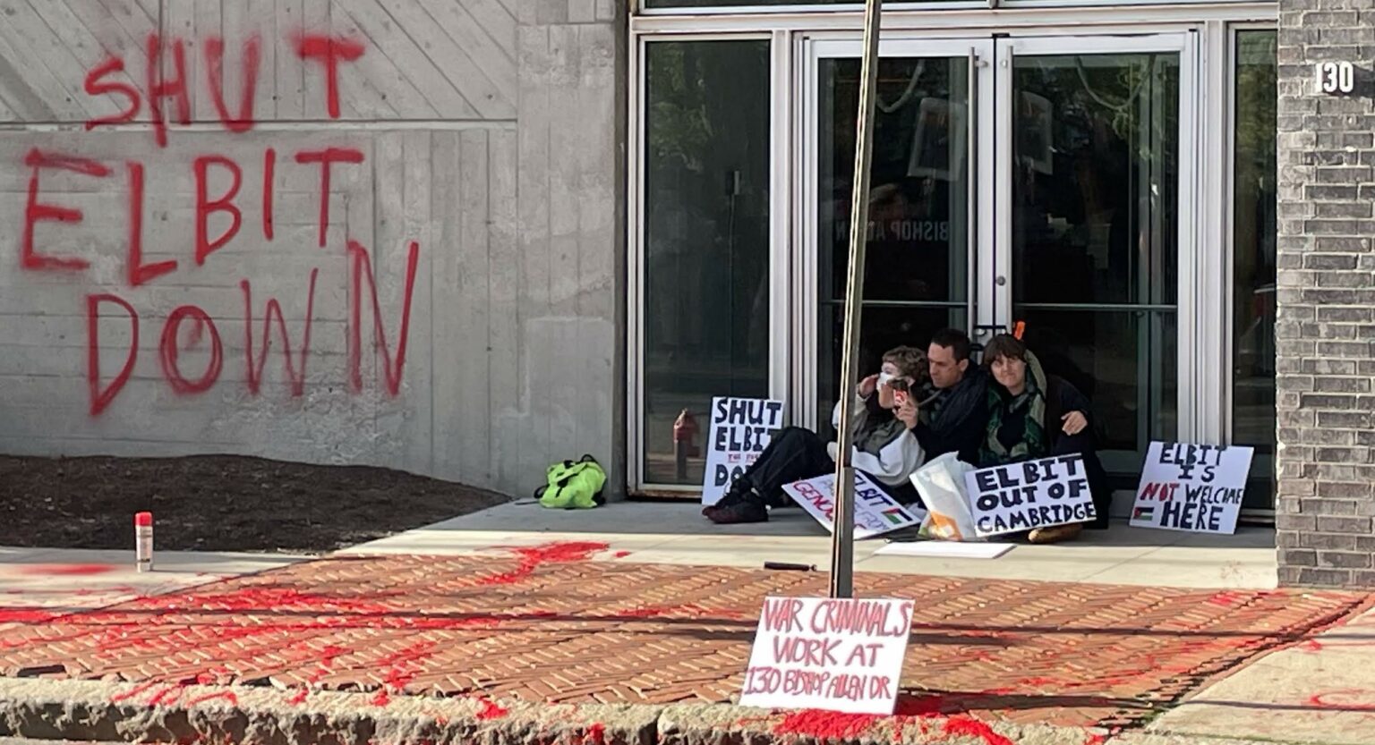 Boston community members blockading the entrance to Elbit Systems' Cambridge office on October 12, 2023.