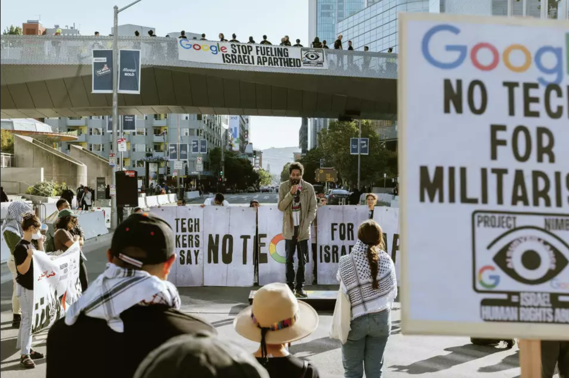 No Tech for Apartheid protestors shut down the street outside a Google Cloud conference in San Francisco in August 2023.